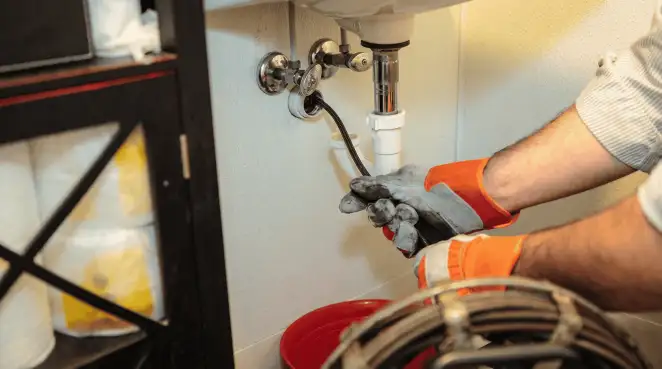 Drain cleaning technician using a motorized plumbing snake to clear a clogged sink pipe in Jackson, MS